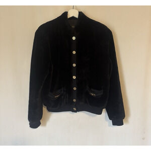 St. John Jacket Medium Black Teddy Faux Fur Bomber Gold Buttons Vintage